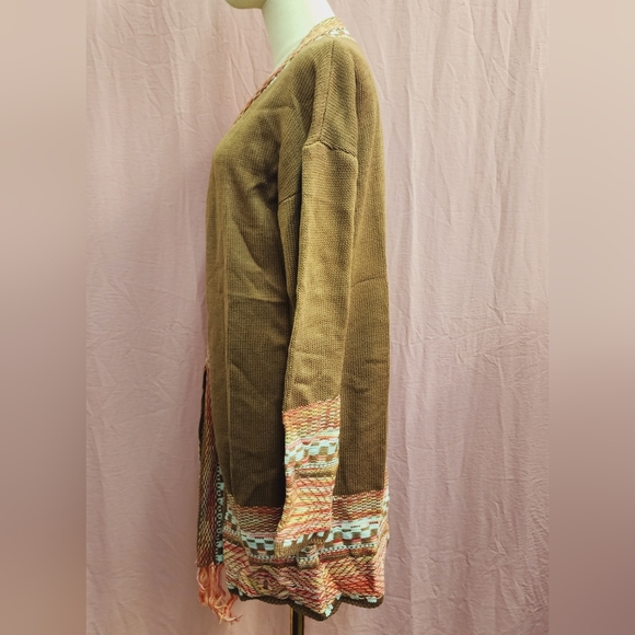 SHEIN LUNE Checkered & Geo Pattern Drop Shoulder Fringe Trim Duster Cardigan-(S) - Picture 5 of 10